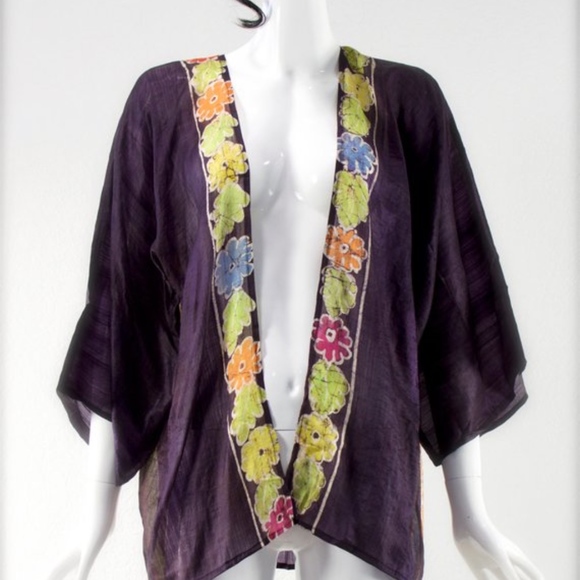1970's India SILK Bird Kimono Duster - Picture 2 of 3